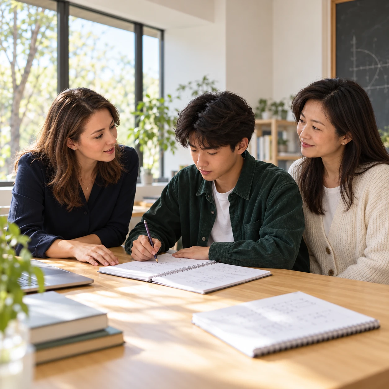 Illustrative scene of a tutor teaching a high-school student while his mother looks on contentedly