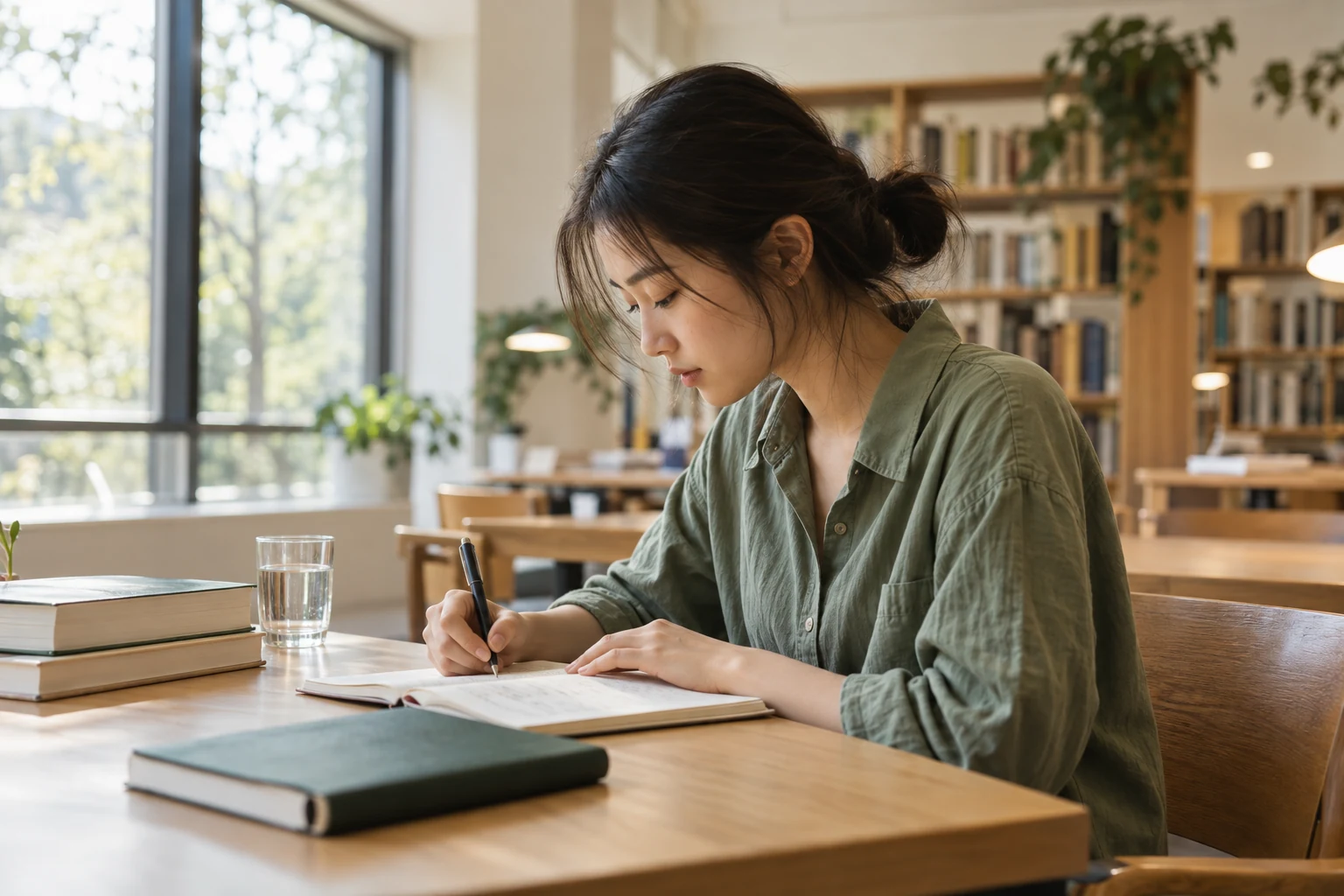 Illustrative scene of a student writing in a notebook in a bright study space